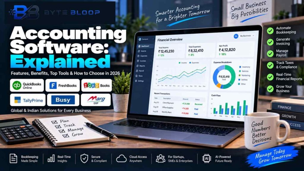 Accounting Software Explained showing financial dashboards, bookkeeping, invoicing, payroll, tax compliance, reporting, QuickBooks, FreshBooks, Zoho Books, TallyPrime, Busy, and Marg ERP.
