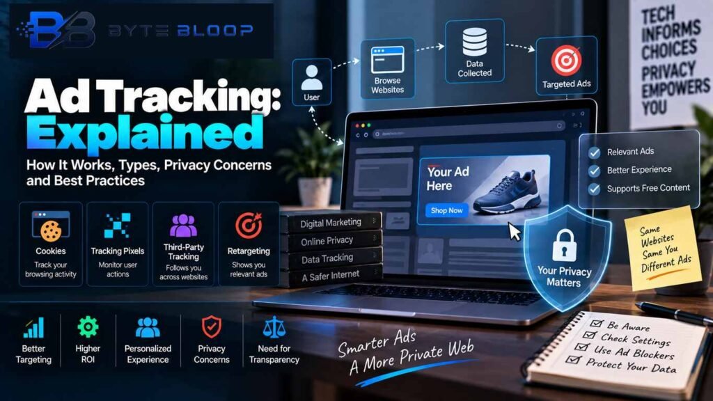 Ad Tracking Explained showing cookies, tracking pixels, third-party tracking, retargeting, targeted advertising, data collection, and online privacy.