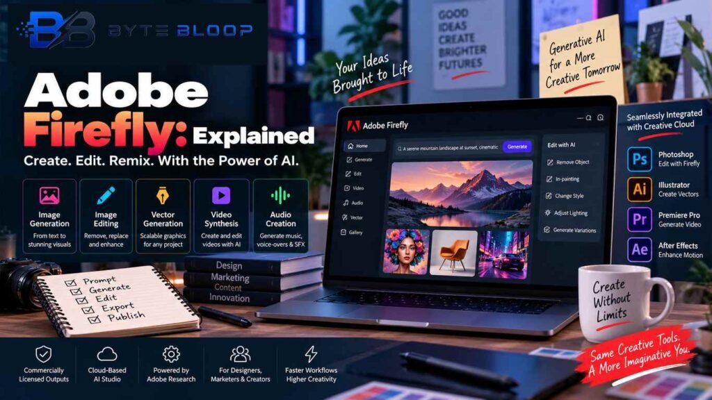 Adobe Firefly Explained showing AI image generation, image editing, vector creation, video synthesis, audio creation, and Creative Cloud integration.