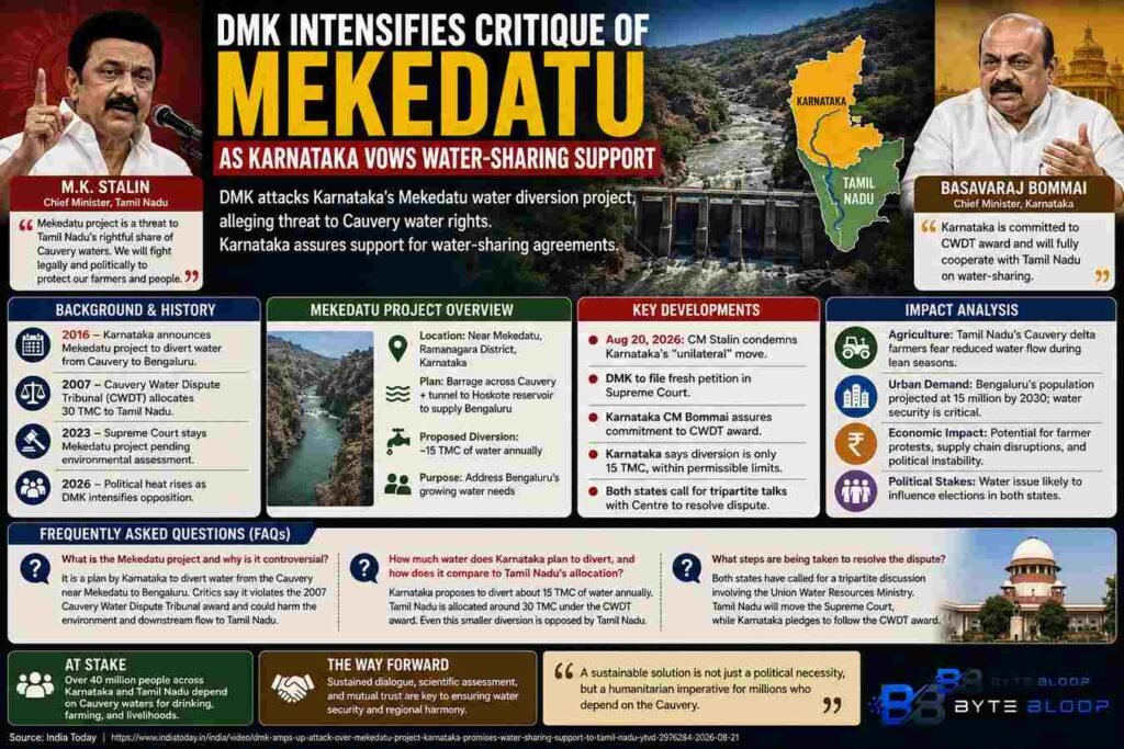 Bytebloop.com DMK Intensifies Critique of Mekedatu as Karnataka Vows Water‑Sharing Support