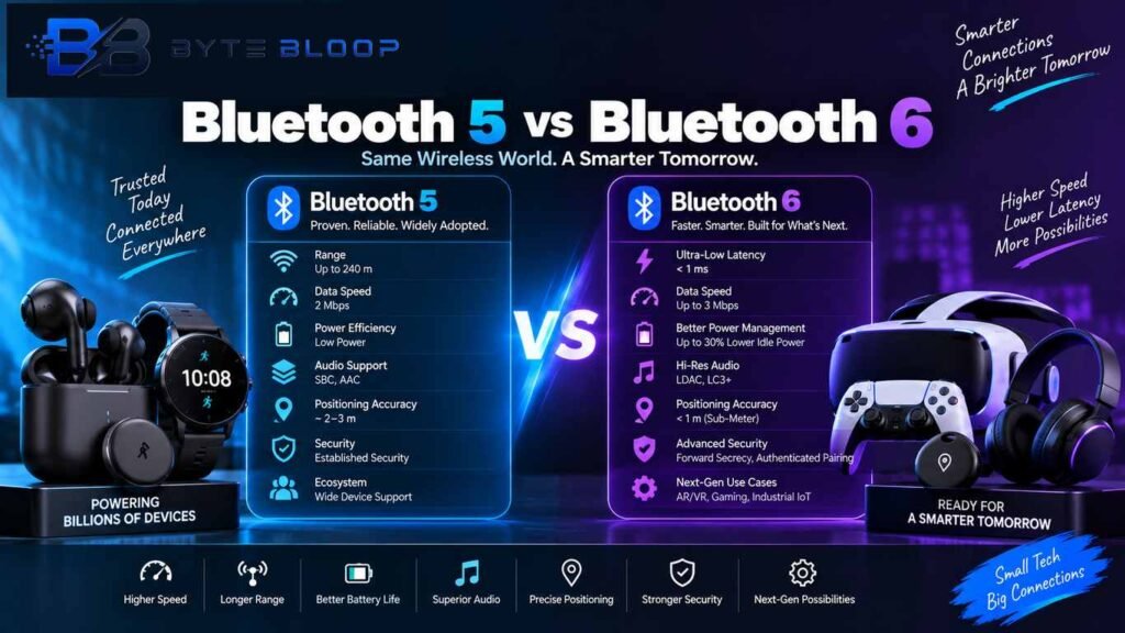 Bluetooth 5 vs Bluetooth 6 comparison showing differences in speed, range, latency, audio quality, positioning, power efficiency, and security.