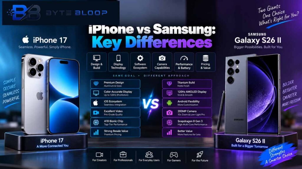 iPhone vs Samsung comparison showing iPhone 17 and Samsung Galaxy S26 II differences in display, software, camera, performance, battery, design, and pricing.