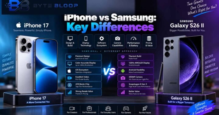 iPhone vs Samsung comparison showing iPhone 17 and Samsung Galaxy S26 II differences in display, software, camera, performance, battery, design, and pricing.
